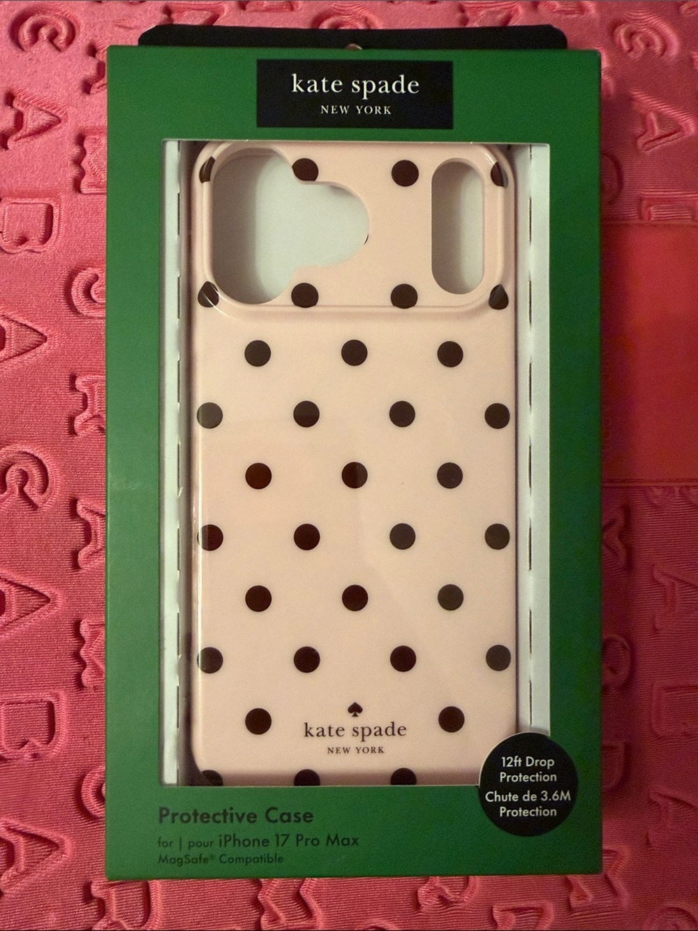 NEW kate spade IPHONE 17 PRO MAX Pink Black Polka Dot iPhone Case MAGSAFE PEARL